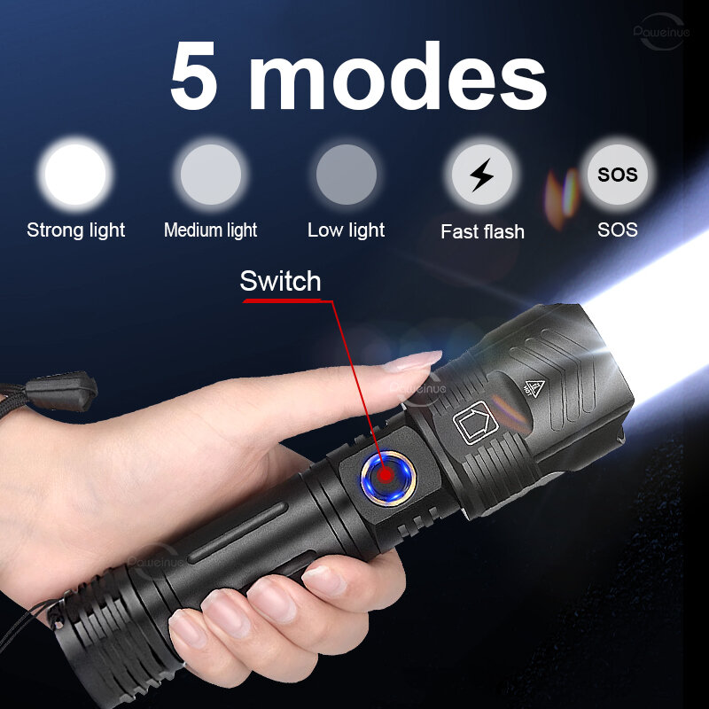 XHP160 Super High Power Rechargeable LED Flashlights Ultra Powerful 5 Modes Type-C Charging Hand Torch Lamp Outdoor LED Lantern