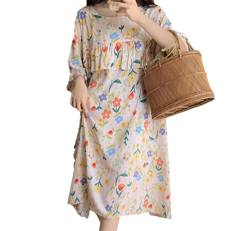 Женская свободная ночная рубашка с коротким рукавом и цветочным принтом, летняя женская пижама, повседневные тонкие ночные рубашки, дышащая вискоза, домашняя одежда