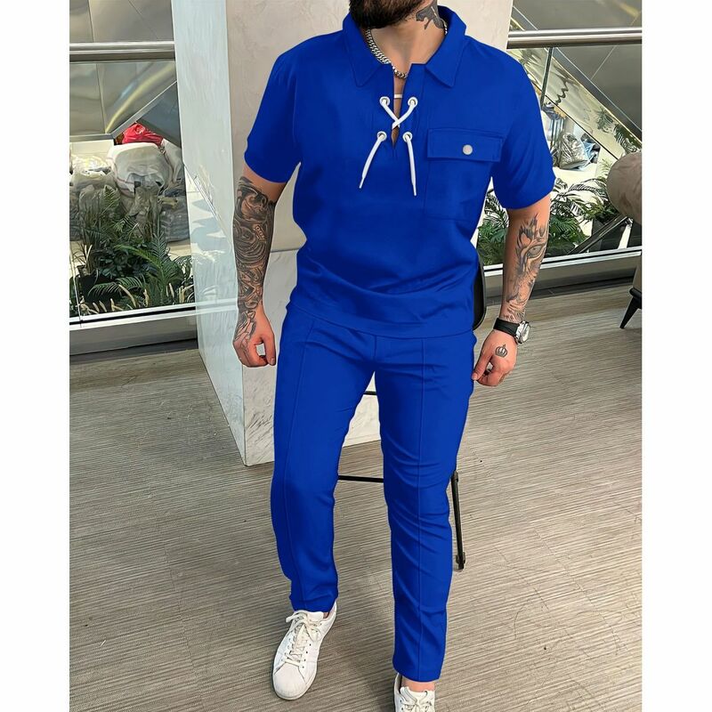 Fashionable Solid Color Men's Set for 2024 Autumn: Casual Short Sleeve T-shirt and Long Pants Hip-hop Personality Suit