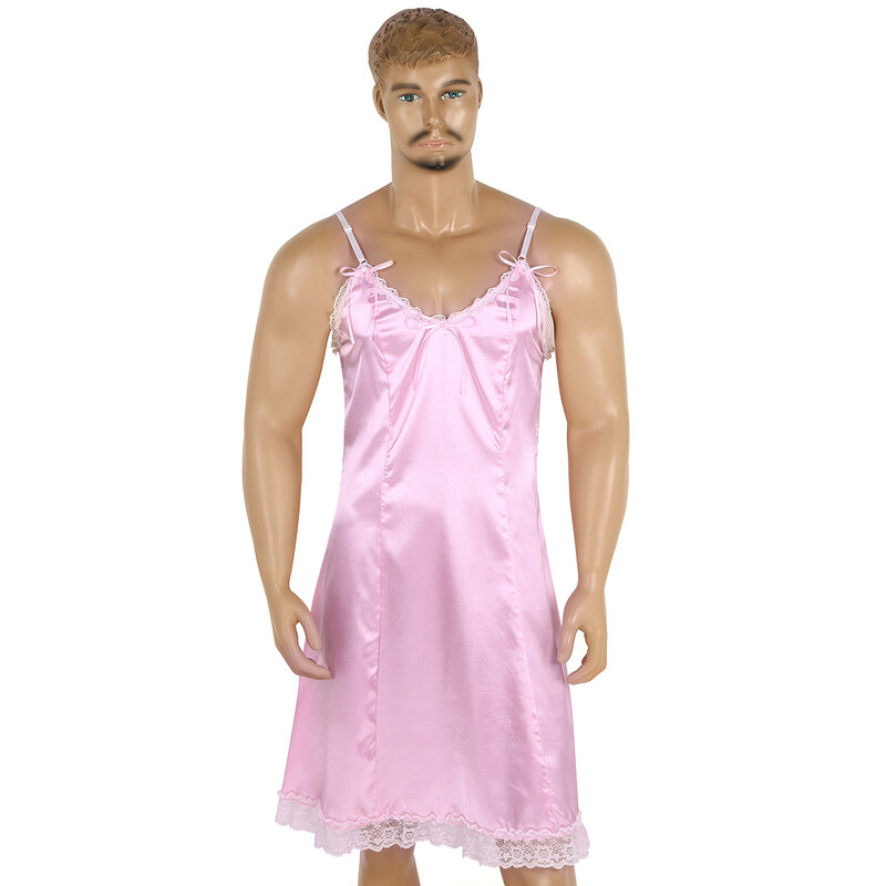 Gay Mens Sissy Jurk Mannelijke Crossdress Satin Lace Stroken Lingerie Jurk Exotische Sexy Homme Roze Ondergoed Nachtkleding
