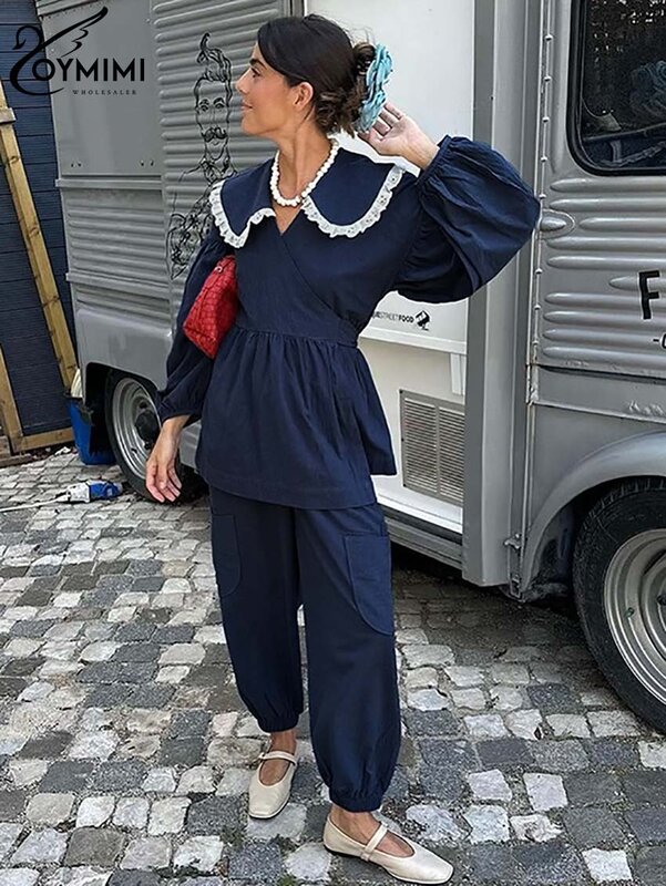 Oymimi-女性用の青い綿のセット、長袖のトップス、ハイウエストポケット、足首の長さのパンツ、カジュアルなパッチワーク、2個、ファッション