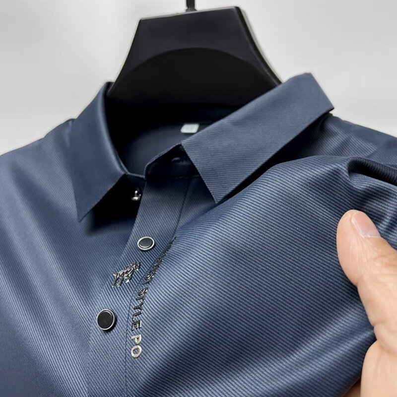 Eis Seide bestickt Polo-Shirt neue Herbst/Sommer Polo-Ausschnitt elastische T-Shirt koreanische Mode Kurzarm lässig Herren Clothi