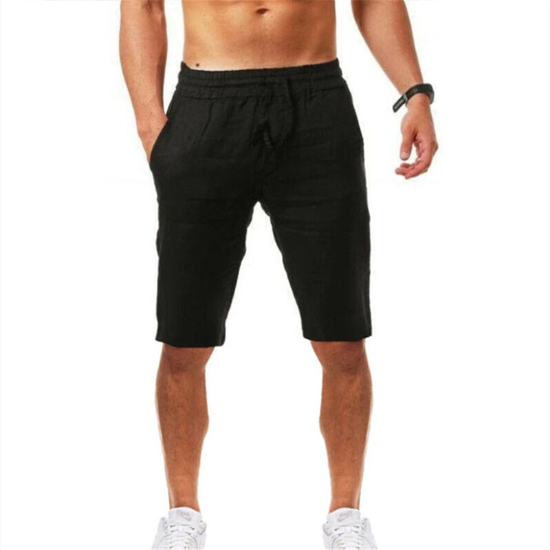 Shorts esportivos casuais masculinos, linho de algodão, monocromático, confortável, respirável, 5 pontos, jogging, calça de praia, verão, novo