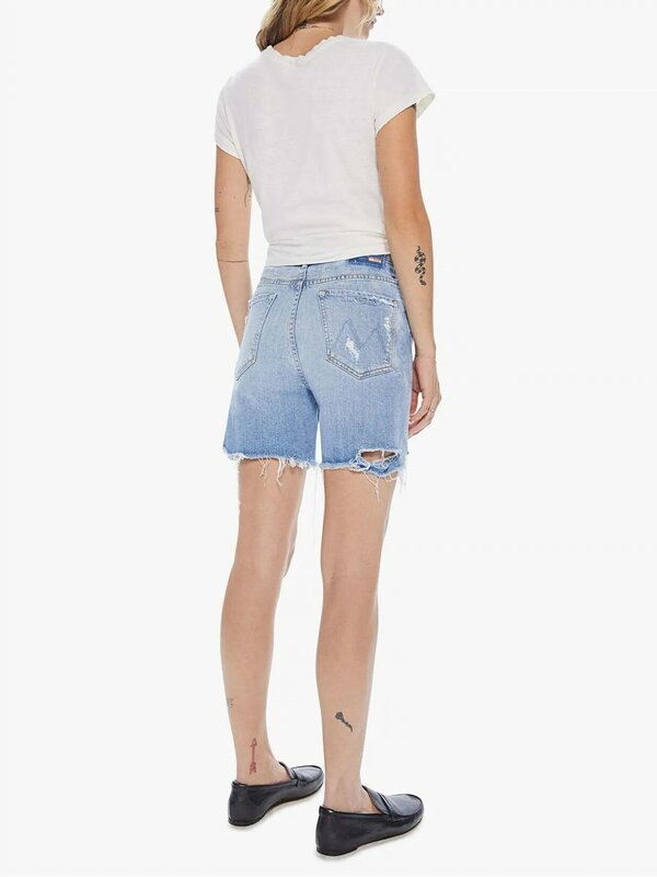 Shorts jeans de furos retos femininos, cintura alta, jeans solto casual feminino, novo, verão, 2022