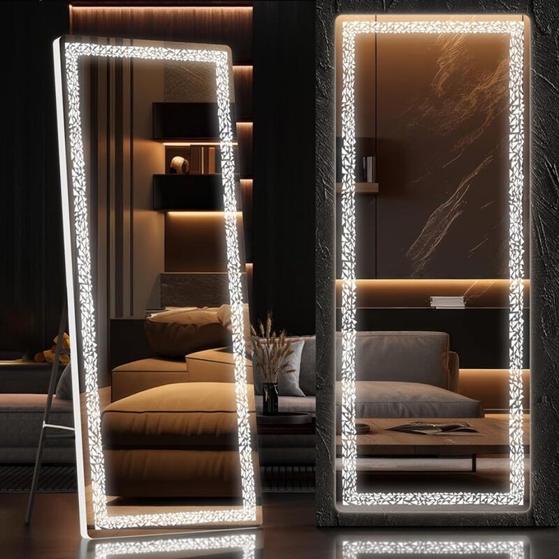 Полноразмерное зеркало 56x16 дюймов, полноразмерное зеркало со светодиодной подсветкой и треугольным рисунком, настенное зеркало с регулировкой яркости и 3 цветными режимами