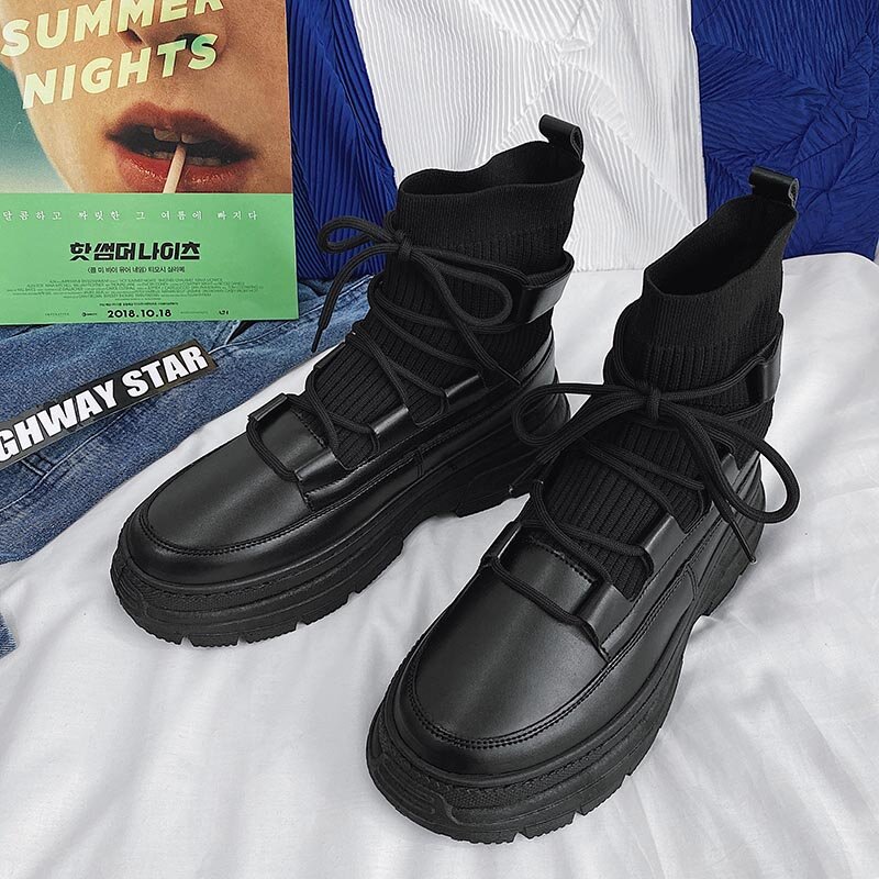 Chunky Punk Boots for Men, Botas de motocicleta, Gothic Shoes, Ankle Boots, Pele preta, Outono e inverno, Plataforma, Novo, 2024, 2023