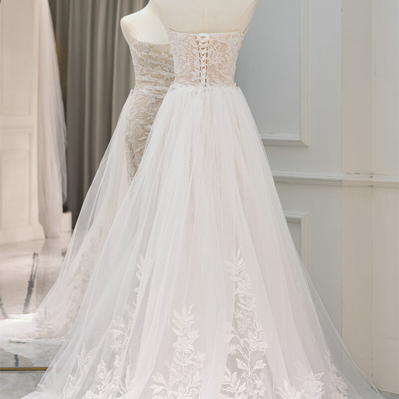 Brandneue beliebte Design Brautkleider für Frauen Braut A-Linie Schnürung überbackene ärmellose Spitze vestido de novia qw01956