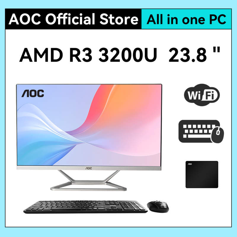 AOC-All-in-One Desktop Gaming Computer, AMD 3200U, 16G, 512G, Ajuste DDR4, AIO, Casa, Escritório, Jogos, Desktops, WIN11, 23,8"