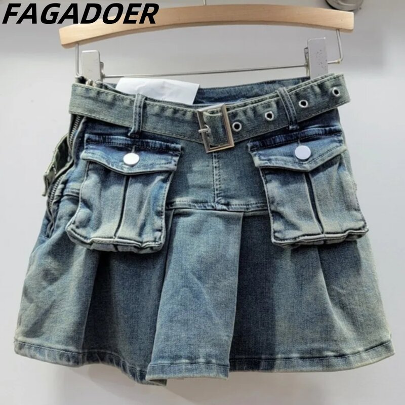FAGADOER-Mini jupes plissées en denim pour femmes, taille haute, bouton, jupes de poche, bas de cowboy rétro, mode féminine, Y2K, nouveau, été