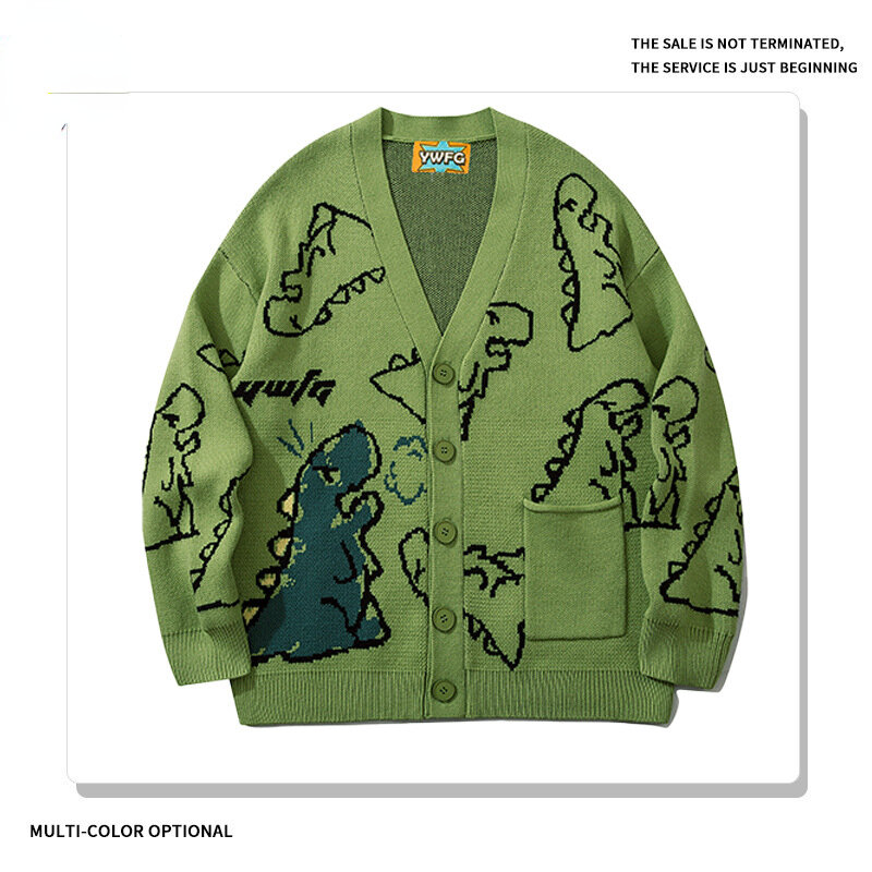 Suéter de malha de dinossauro masculino e feminino, cardigã de casal, suéter solto, versátil, estilo de Hong Kong, Ins, outono e inverno, neutro