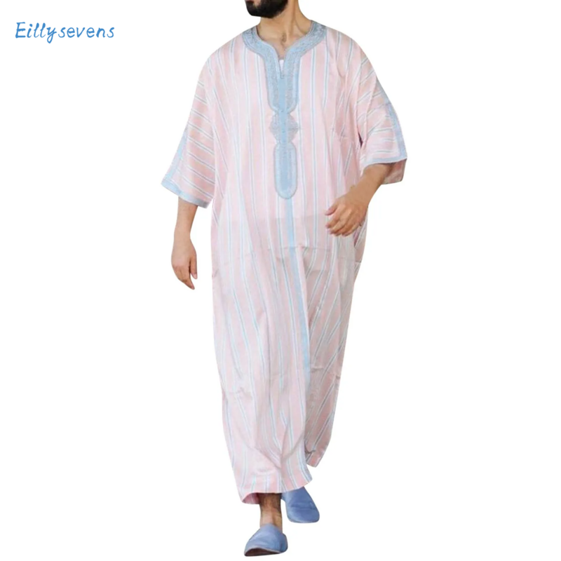 Мужская одежда с коротким рукавом в мусульманском стиле, комбинезоны в арабском этническом ретро-стиле с V-образным вырезом и принтом в стиле пэчворк, мужская одежда