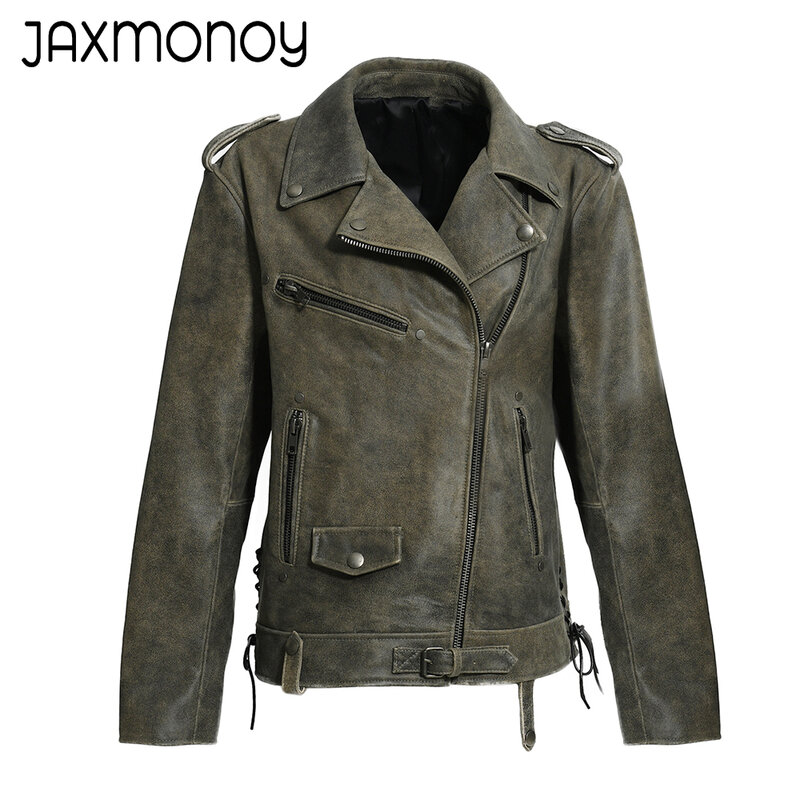 Jaxmonoy Women Real Leather Jacket Spring Fashion Loose Genuine Leather Coat Lady Autumn High Quality Overcoat 2024 New Arrival