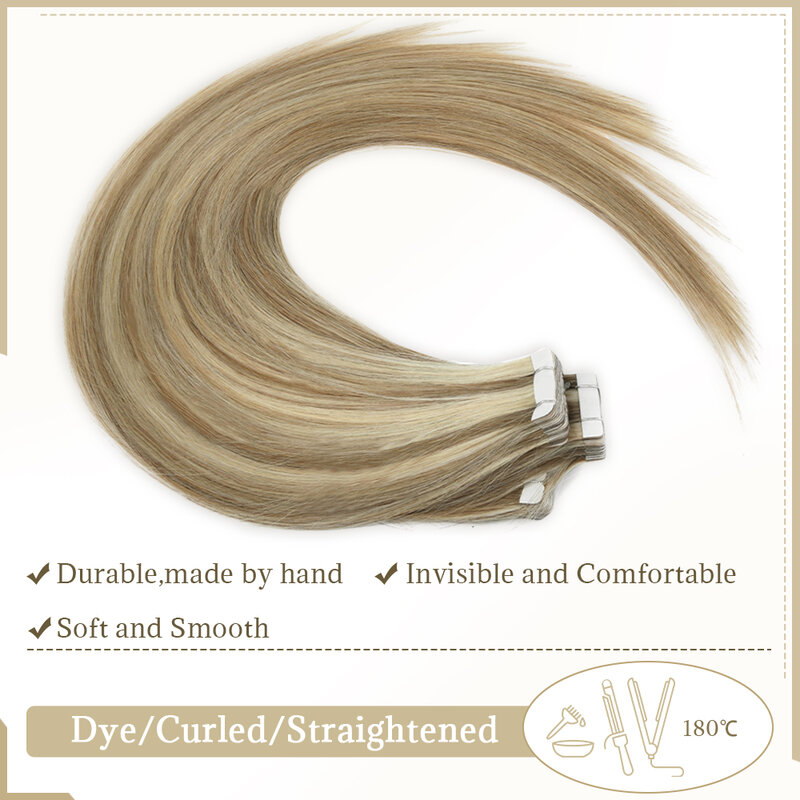 ZURIA 12-28‘’ 10PCS Short Tape in Human Hair Extensions Long Hairpiece Non-Remy Invisible Adhesive Skin Weft Blonde For Women
