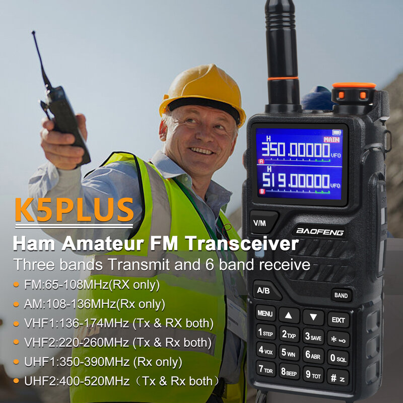 جهاز اتصال لاسلكي محمول باوفينج باوفينج ، سهل الاقتران ، ساعة توقيت ، K5PLUS ، FM ، AM ، VHF ، UHF ، NOAA ، VOX ، 3 وظيفة مسح