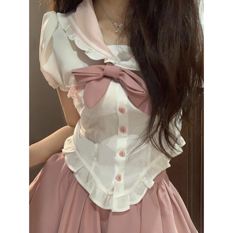 Белая Милая рубашка Qweek в стиле преппи с пышными рукавами, женские японские короткие блузки Gyaru, корейская модная Молодежная Летняя туника в эстетике