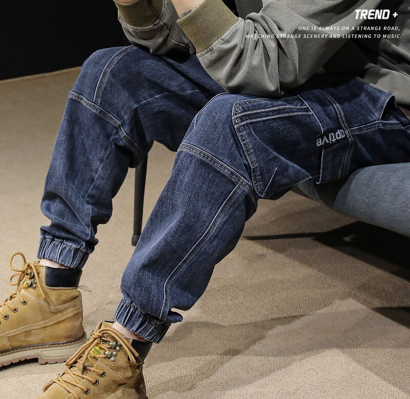 Jeans da uomo primavera autunno con tasche Multiple, pantaloni larghi affusolati Harem, pantaloni incrociati elastici in vita da strada
