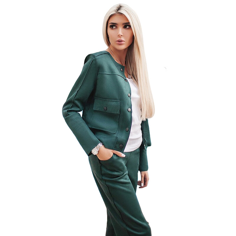 Taotrees Women's suit Suede Long-Sleeved Crew Neck Suits Single Breasted Jacket + Pants 2 Piece tracksuit