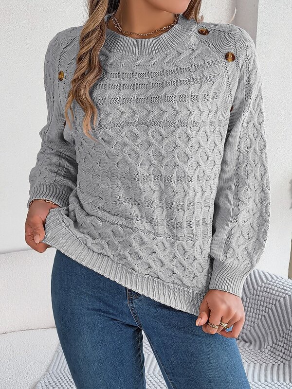 Lässig lose gebratene Teig Twists Strick pullover Pullover für Damen Pullover neue O-Ausschnitt Solid Button Full Sleeve Pullover