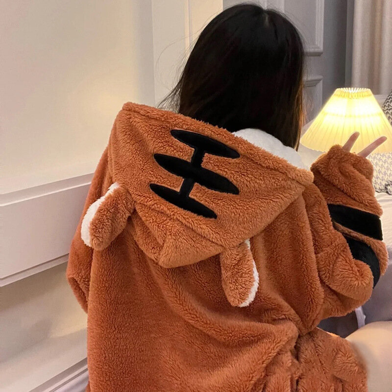 Tiger Bademantel weiche Kapuzen roben niedlichen Frauen Pyjama Nachthemd Flanell Kimono Bademantel für Mädchen Tier Nachtwäsche für den Winter