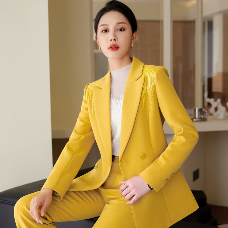 Traje amarillo de alta gama para mujer, chaqueta de estilo de diosa de temperamento, ropa de trabajo pequeña, primavera y otoño, 2023