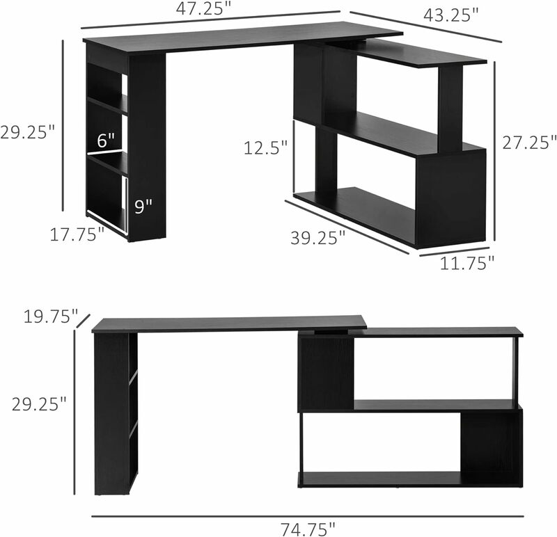 HOMCOM-escritorio esquinero en forma de L para oficina en casa, giratorio de 360 grados, con estantes de almacenamiento, mesa de escritura, estación de trabajo, negro