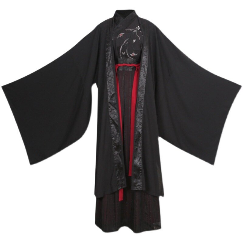 Hanfu tradisional Cina kuno untuk pria Phoenix bordir jaket kerah silang hitam jubah rok atas kostum 3 buah setelan penuh
