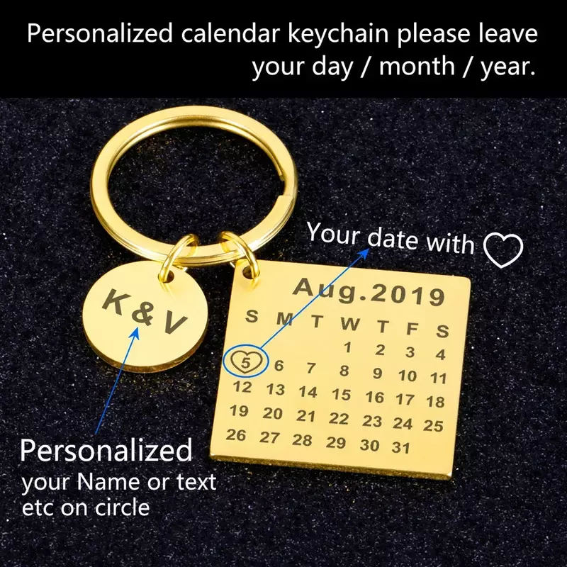 Personalized Custom Key Chain Ring Engraved Calendar Date Stainless Steel Keyring Wedding Anniversary Gift for Boyfriend Husband