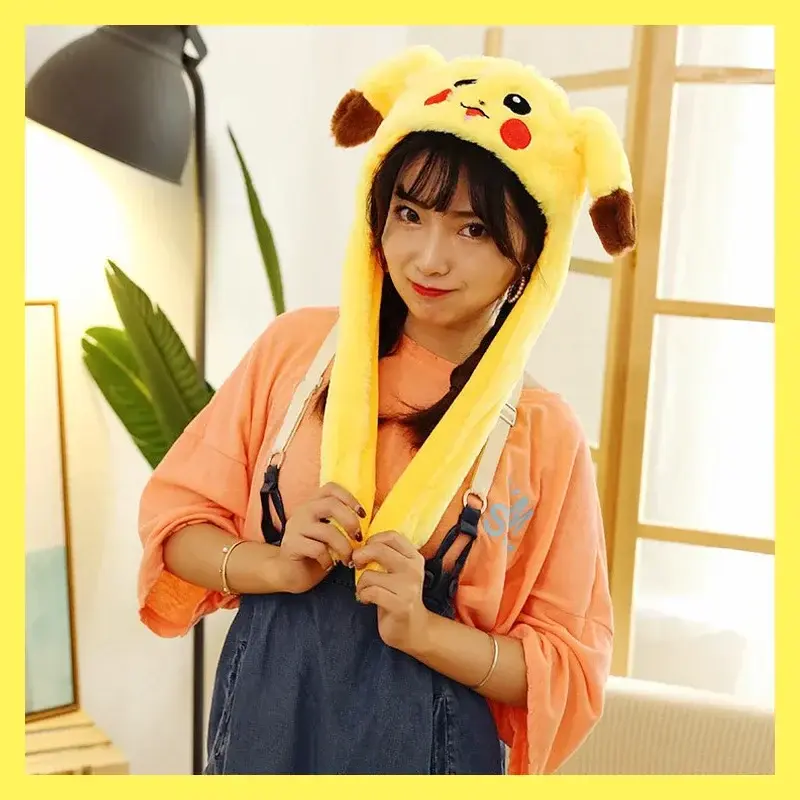 TAKARA TOMY Pokemon Pikachu Luminous/No Light Plush Hat Lovely Funny Up Down Moving Bunny Ears Toy Hat Girlfriend Children Gifts