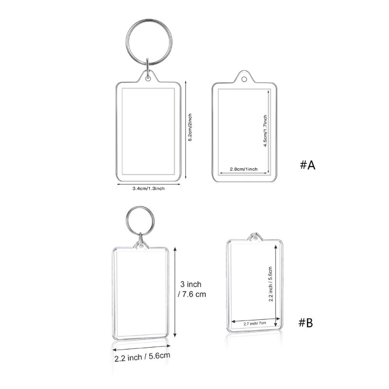 Em branco Picture Frame Keychain, plástico transparente Inserir Chaveiros, formas retangulares