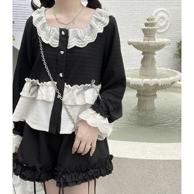 Y2k estetyczna kokardka bluzka damska japońska patchworkowa koszula Kawaii Harajuku śliczne damskie topy 2024 Lolita Blusas Femme Camisas Mujer