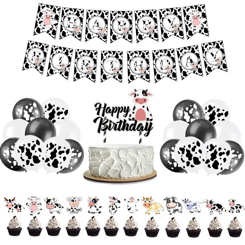 Farm Theme Party Cow Disposable Tableware Balloon Set Birthday Party Decoration Cup and Plates Paper Tablecloth Baby Christening
