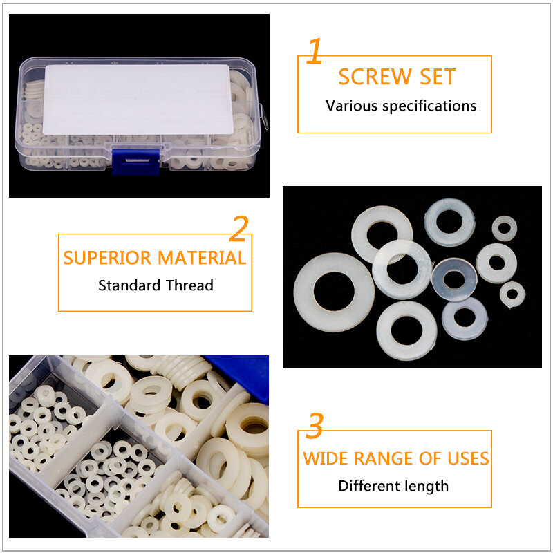 Nylon Washer Flat Gasket M2 M2.5 M3 M4 M5 M6 M8 HARD TYPE Plastic Sealing O-rings Assortment Kit Protection Washer 350pcs/364pcs