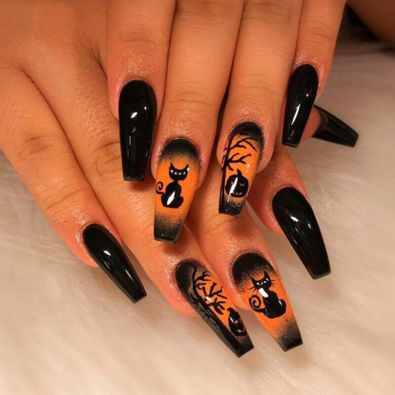 Halloween Dark Cat Printed Fake Nails Chip-Proof Smudge-Proof Fake Nails for Manicure Lovers and Beauty Bloggers