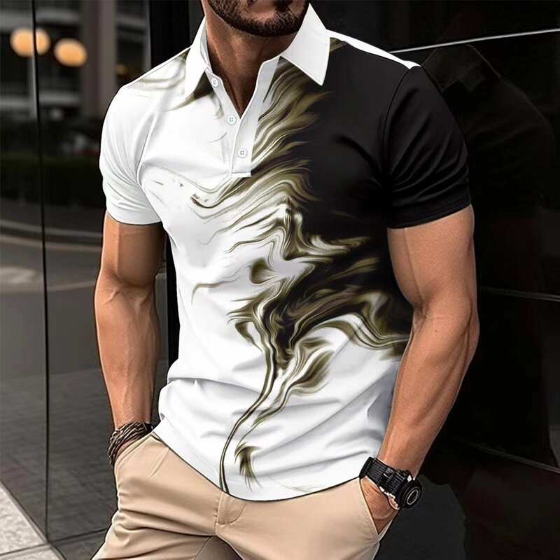 Polo de manga corta para hombre, camiseta informal con estampado pintado, botón de solapa, top de moda, ropa de verano, novedad