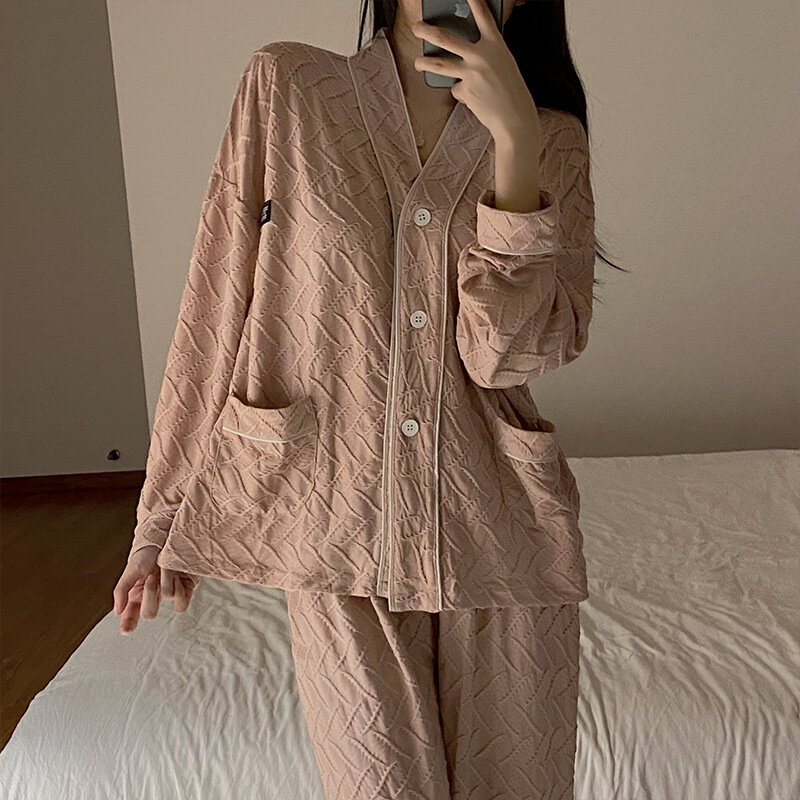 New Female 2pcs Pajamas Shirt&pant Set Spring Autumn Cotton Long Sleeve Trouser Pijamas Suit Simple Casual Sleepwear Home Wear