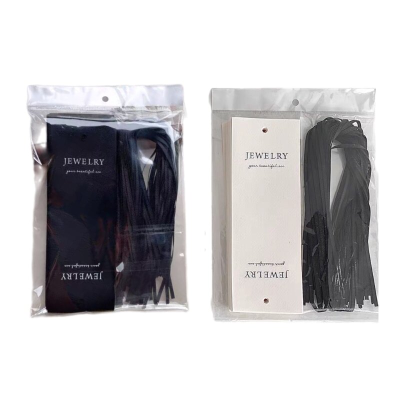 Juego 50 tarjetas porta collares tela algodón con lazo anudado cinta negra plegable para almacenamiento embalaje