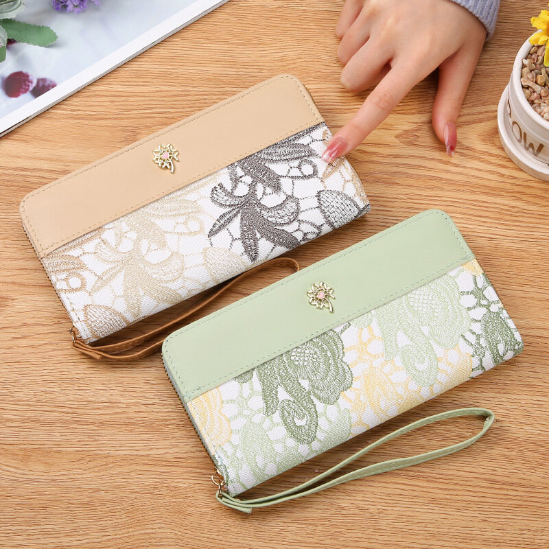 New Single Pull Women's Wallet,Zippered Handbag,Fashionable Embroidered Push,Large Capacity Soft Leather Change Mobile Phone Bag