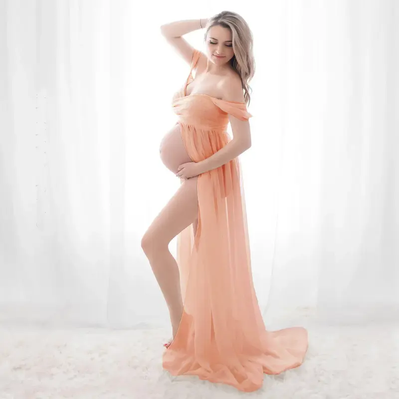 Gaun ibu hamil, hijau untuk pemotretan kain sifon baju hamil Prop fotografi gaun Maxi untuk wanita hamil