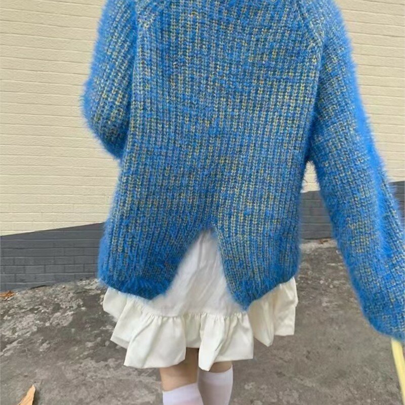 Женский мохеровый свитер, однотонный синий пуловер с круглым вырезом, новинка 2024, джемпер в стиле K-POP, вязаный Топ в стиле Харадзюку, свободные шикарные свитера с разрезом