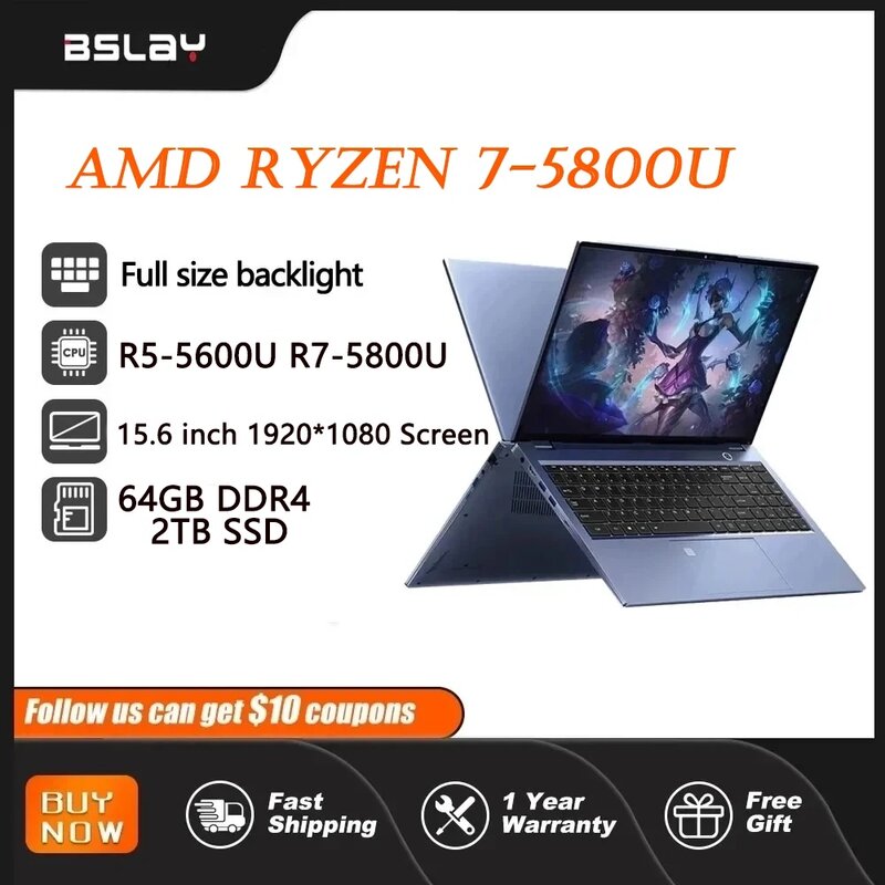 2024 Nowy laptop do gier 15,6 cala 64G+2T SSD AMD R7 5800U Windows 11 Sześciordzeniowy, całkowicie metalowy komputer typu C Notebook dla graczy