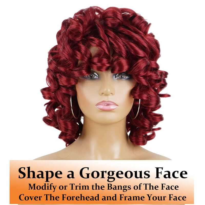 شعر مستعار اصطناعي أحمر مجعد للنساء السمراوات ، قصير ، فضفاض ، بورجوندي ، مقاوم للحرارة ، استبدال الشعر