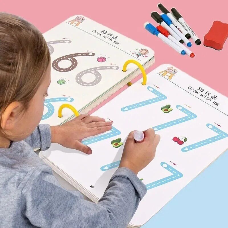 Buku catatan kaligrafi ajaib, buku Montessori, buku latihan kontrol pena, dapat digunakan kembali untuk pendidikan anak-anak