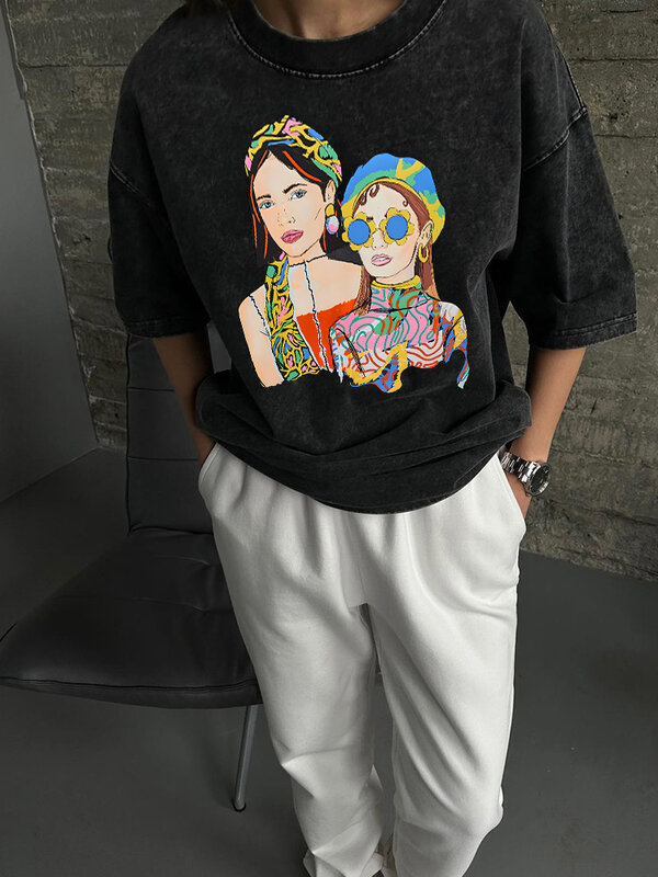 Kaus wanita katun antik Hirsionsan Acid Washed kaus wanita lembut Mineral kaus Gadis longgar merek mewah Y2k