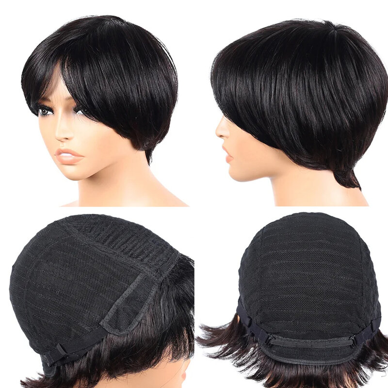 Peluca de cabello humano con flequillo para mujer, pelo brasileño de capas cortas, pelo negro Natural, corte Pixie 100%, barato