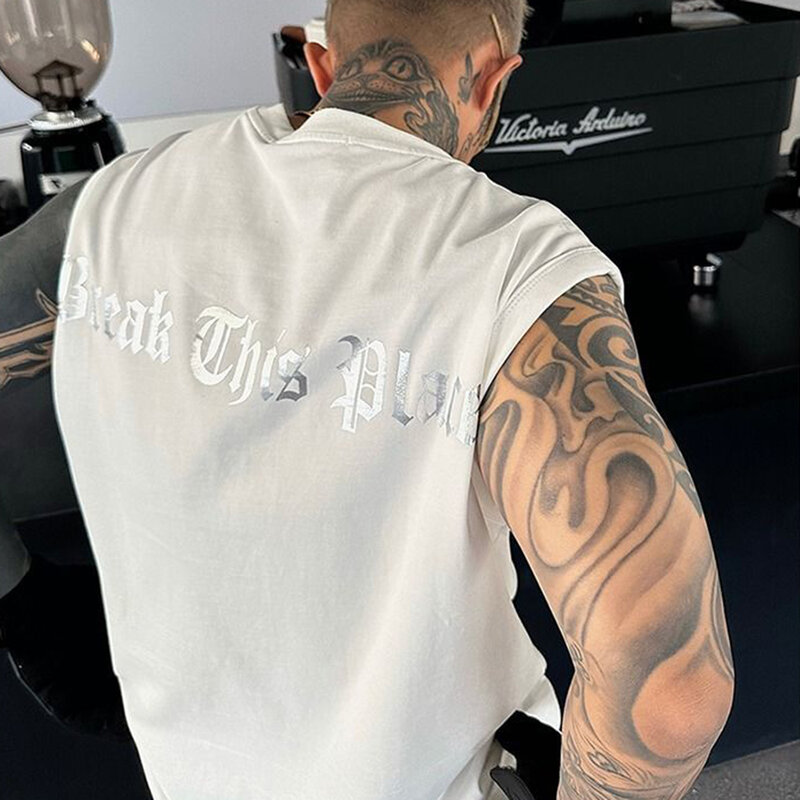 Kaus pria katun baru musim panas 2023 rompi ukuran besar sejuk bordir tato Chicano gambar cetak huruf Hip-hop jalanan Amerika