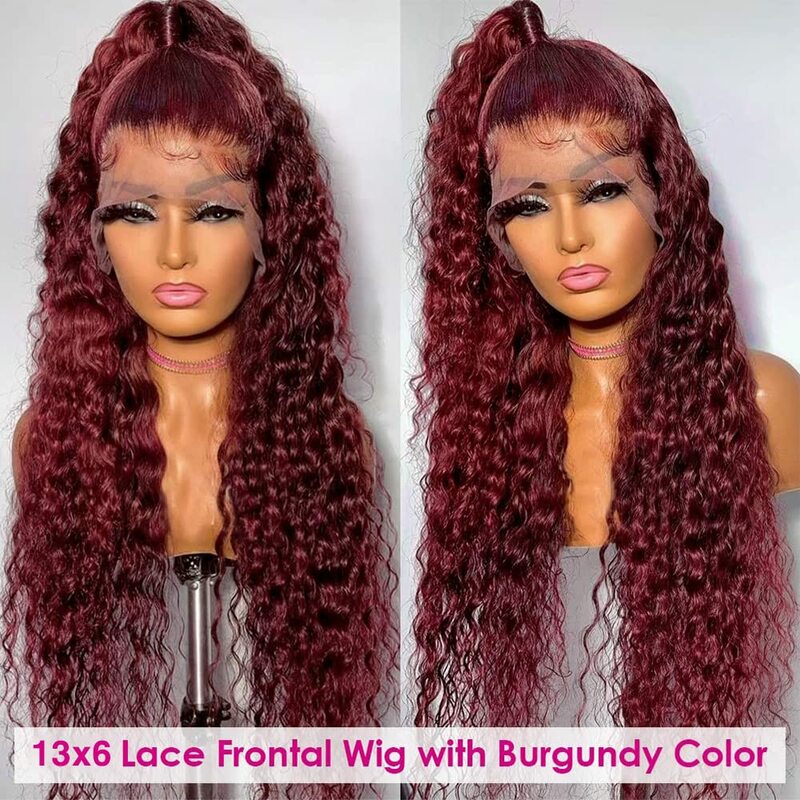 Peluca de cabello humano rizado profundo, postizo de encaje Frontal transparente sin pegamento 99J Borgoña 13x4, color rojo HD, 13x6