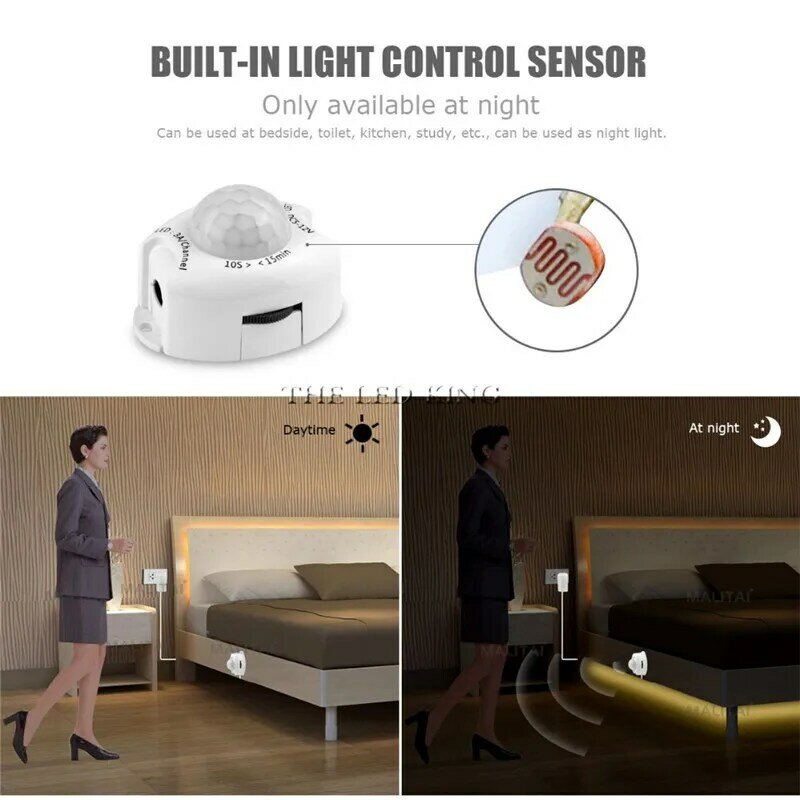 Fita LED, Luz de cama com fonte de alimentação, DC 12V, 1m, 2m, 3m, 4m, 5m, LED Strip Sensor de Movimento, Auto ON e OFF, 10m, SMD2835