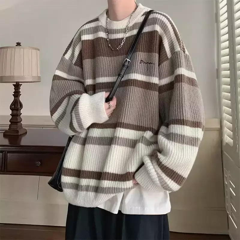 Мужской трикотажный свитер в полоску, с круглым вырезом