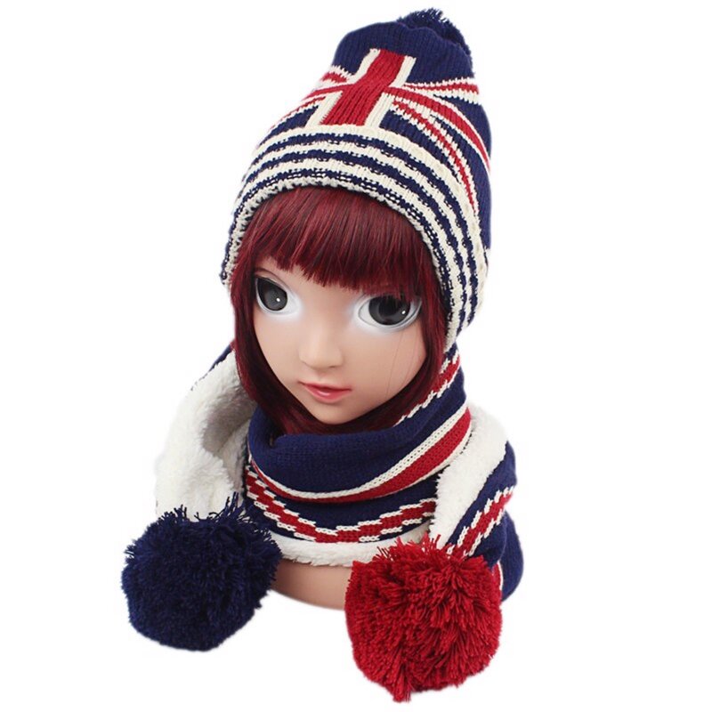 Gorro cálido invierno para niños pequeños, 3 piezas, bufanda larga, conjunto guantes, bandera estadounidense, británica,