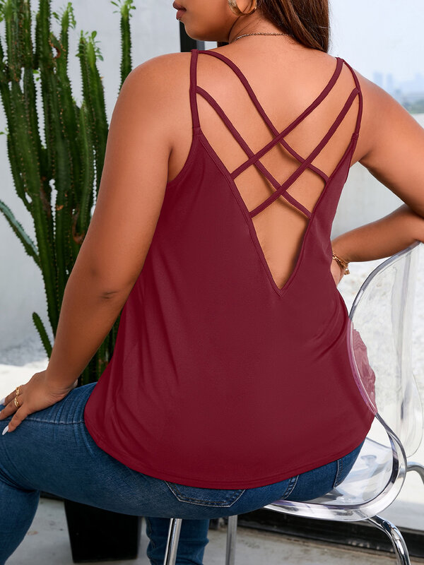 Finjani Women's Plus Size Tank Tops Solid Criss Cross Backless Top Casual Clothing For Summer New